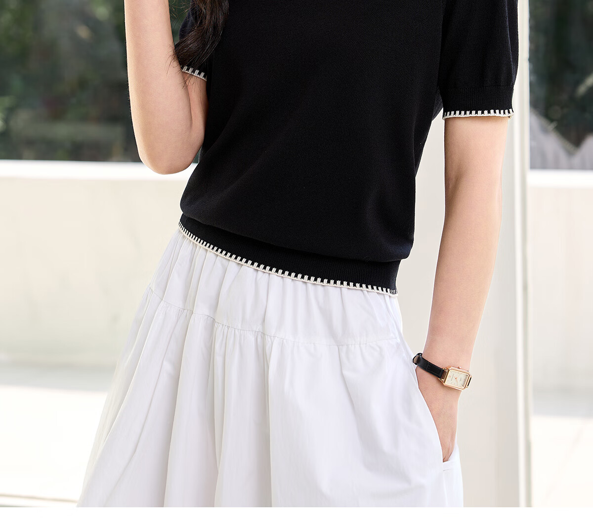 Chushen Summer Knitted Short-Sleeve T-Shirt for Women, Fashionable Round Neck Contrasting Color Design, Simple And Elegant Knitted Top Base Shirt S52T025 1