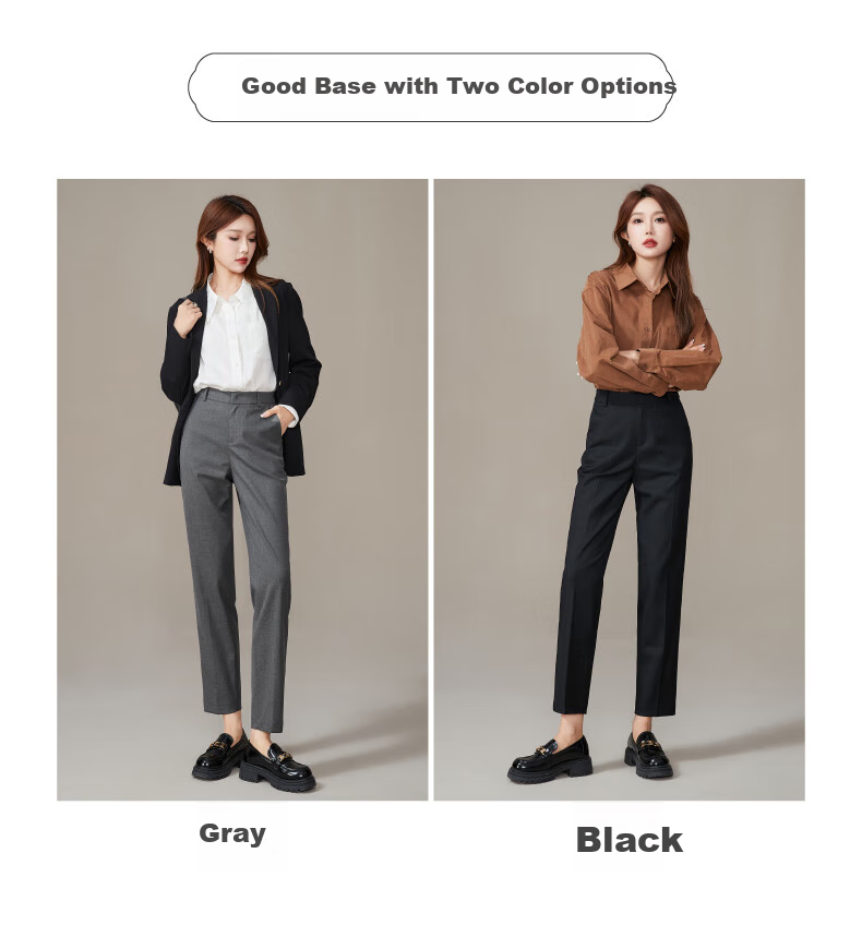 ESE-Y Spring New Nine-Point Gray Casual Pants for Women, TR Color-Spun High-Waist Cigarette Version Straight-Leg Trousers, Black, Size 27 4