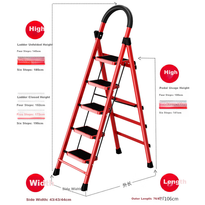 AOZHI Folding Ladder for Home Use, Heightened And Thickened A-Frame Ladder with Thick Steps, Handrail, Engineering Ladder, Red Five-Step Ladder