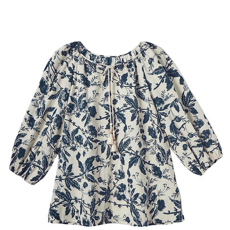 Dme [Yihua Yishijie] Summer Comfortable Pure Cotton Printed Shirt, Tie-Up Collar, Three-Quarter Sleeve Blouse, Women's Top