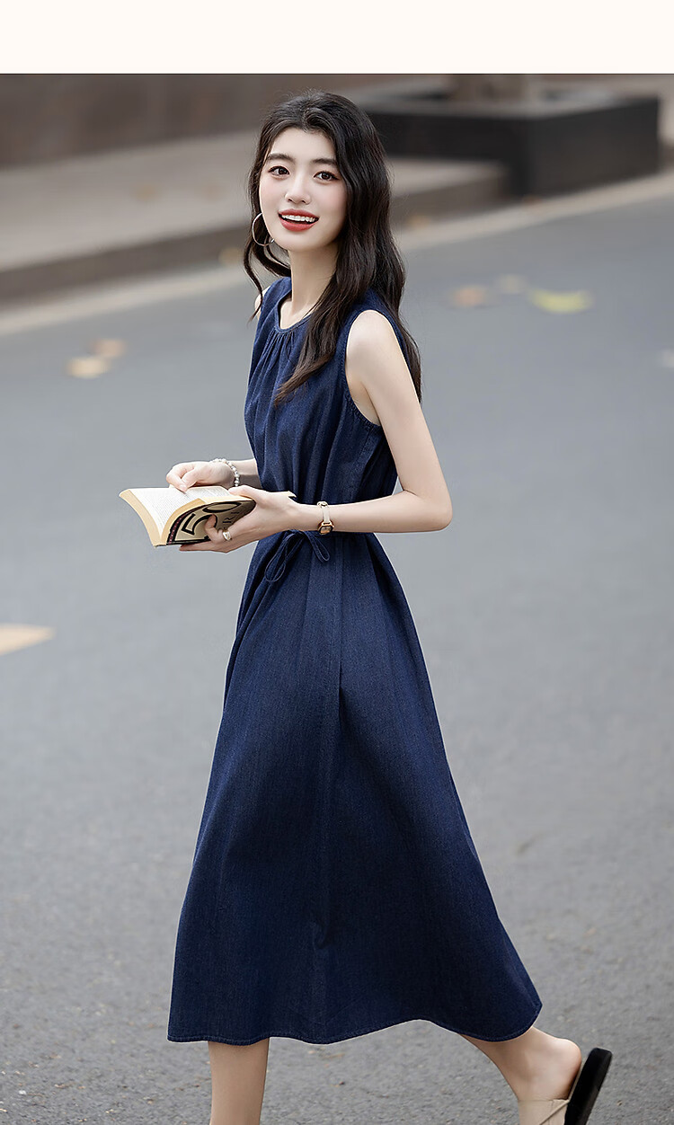 Demana Pure Cotton Private Talk Summer Lightweight Slim Pleated Round Neck Denim Sleeveless Tie Women's Dress 11