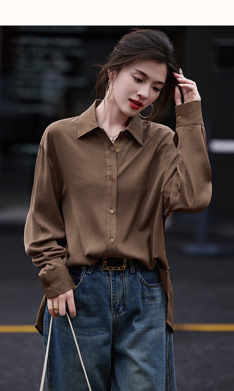 Dme [Four Seasons Wear] Spring Simple Style Commuter Shirt POLO Collar Wrinkled Shiny Texture Blouse Women's Top 17