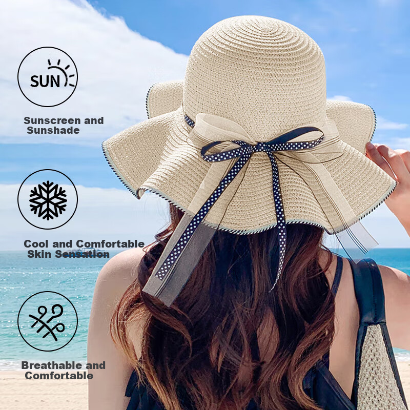 GLO-STORY Straw Hat for Women, Versatile Wide Brim Sun Protection Hat with Polka Dots, Bow Tie And Ribbon, Beach Hat WMZ824170