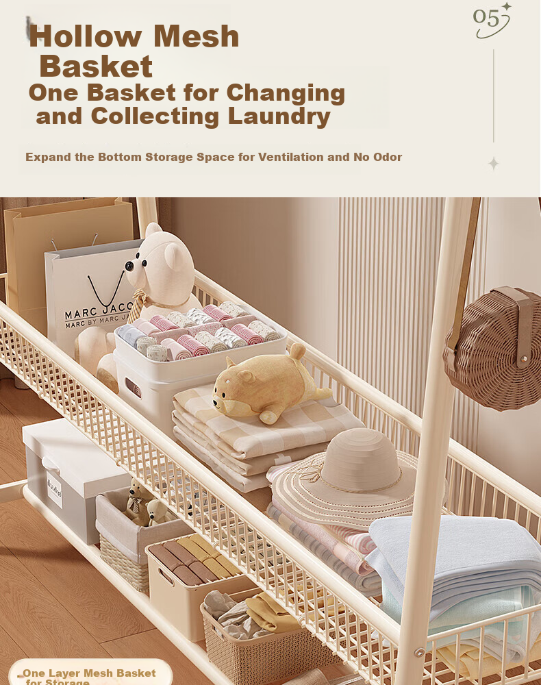 BIX Floor-Standing Clothes Rack for Bedroom, Home Drying Rack, Simple Coat And Hat Stand, Indoor Balcony Floor Pole with Basket, 1.2m White 10