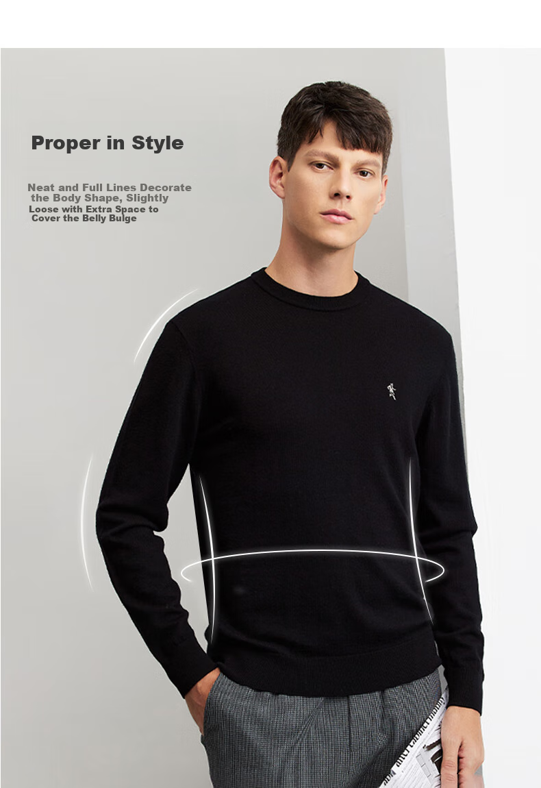 DANCING WOLVES [100% Merino Wool] Men's Fashionable Versatile Warm Casual Sweater, 001 Black, Size 165 3