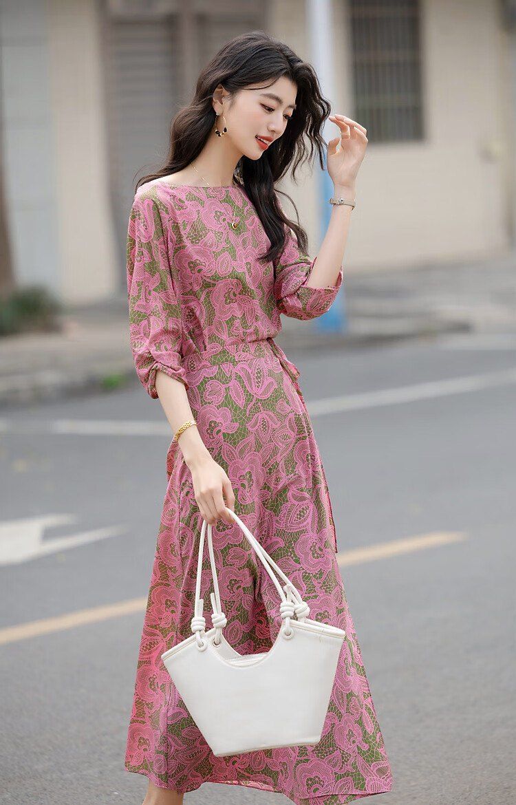 Dme One-Piece Waist-Tie Summer Off-Shoulder Tea Dress Flowing Composite Silk Floral Slimming Women's Dress 9