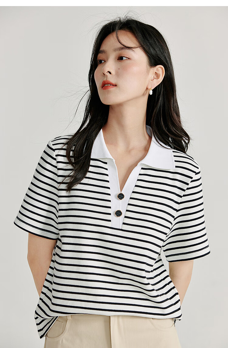 Inman Casual Striped Shoulder T-Shirt Summer Women's Design Polo Collar Slim Fit Short Sleeve Star Black XL 17