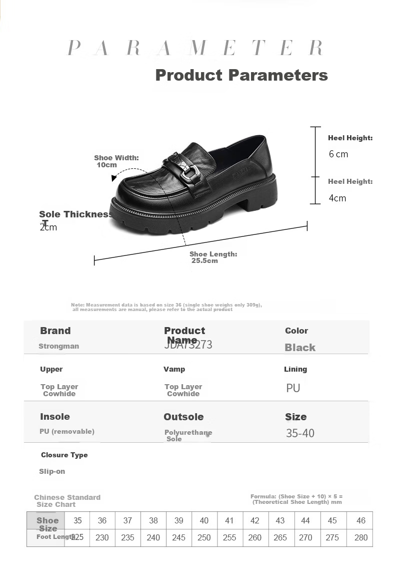 Qiangren Fashion Platform Women's Loafers, Top-Grain Leather Breathable Women's Flats, JDA73273, Black, Size 35 7
