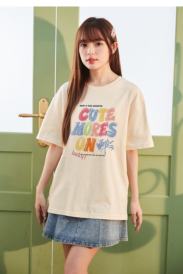 TonLion 2025 Women's Crew Neck Graffiti Text Cotton Short Sleeve T-Shirt Apricot Batch S 15
