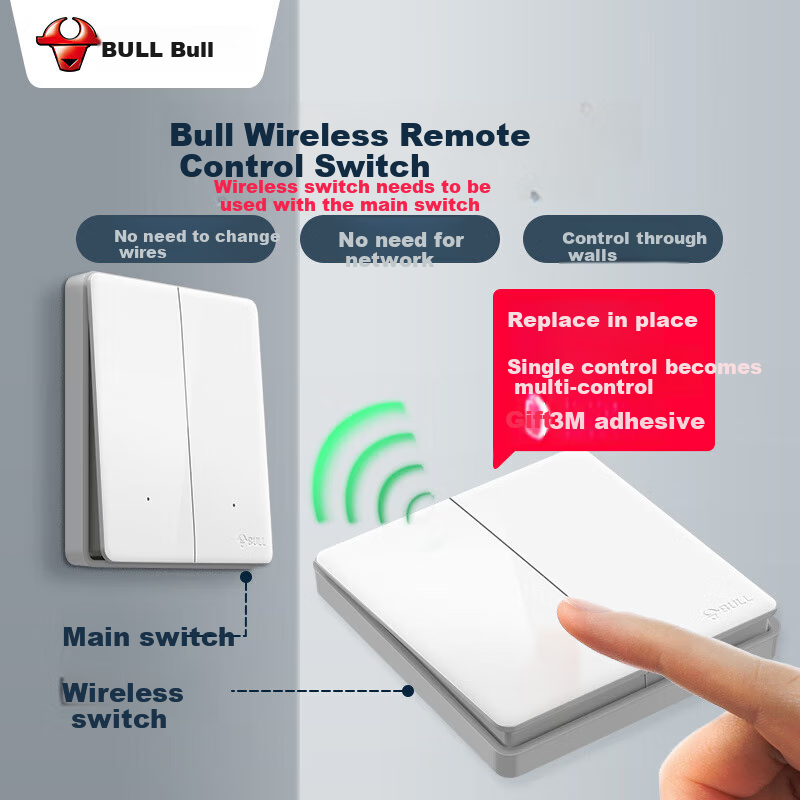 BULL Switch Panel, Wireless Remote Control Switch, Two-Position Switch, Smart Switch with Adhesive Backing, Q214 White, Self-Adhesive