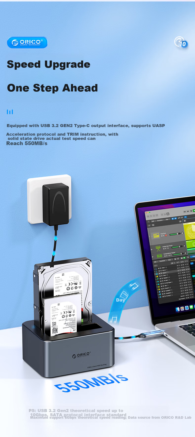 ORICO External Hard Drive Enclosure Base, 2.5/3.5 Inch SATA Mechanical And Solid State Universal, Type-C 3.2 SSD External Hard Drive Enclosure, Portable Offline Backup Machine 6626C3 4