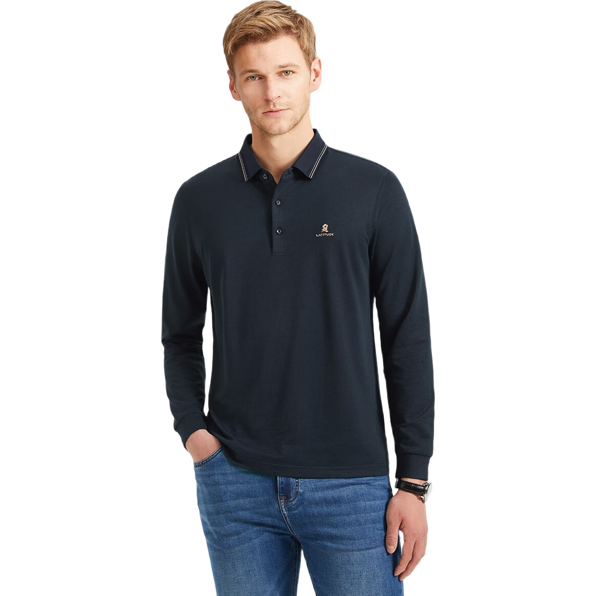 MONTAGUT Men's Long Sleeve Polo Shirt with Mulberry Silk Breathable Pique Cotton, Business Embroidered T-Shirt, Navy Blue, XL, Spring/Fall 2025