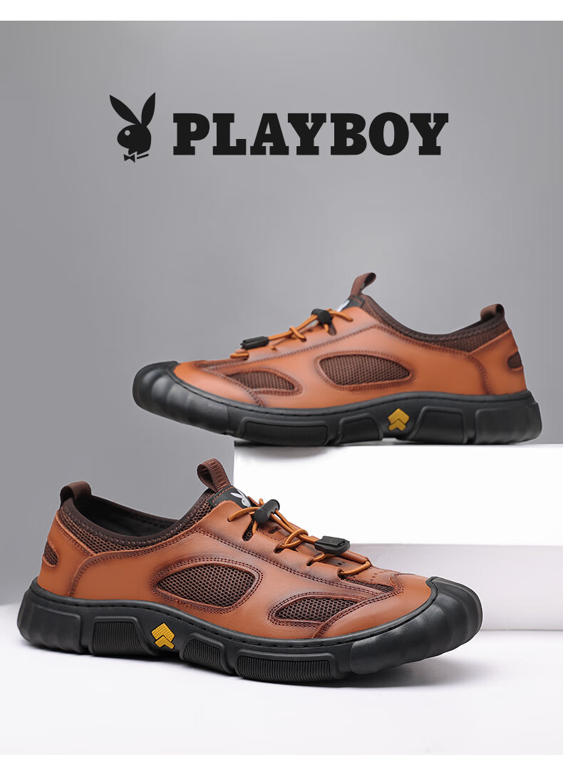 PLAYBOY Men's Shoes, Lightweight Breathable Hollow Business Sandals, Closed-Toe Genuine Leather Middle-Aged Dad Sandals, Dark Brown, Size 38 5