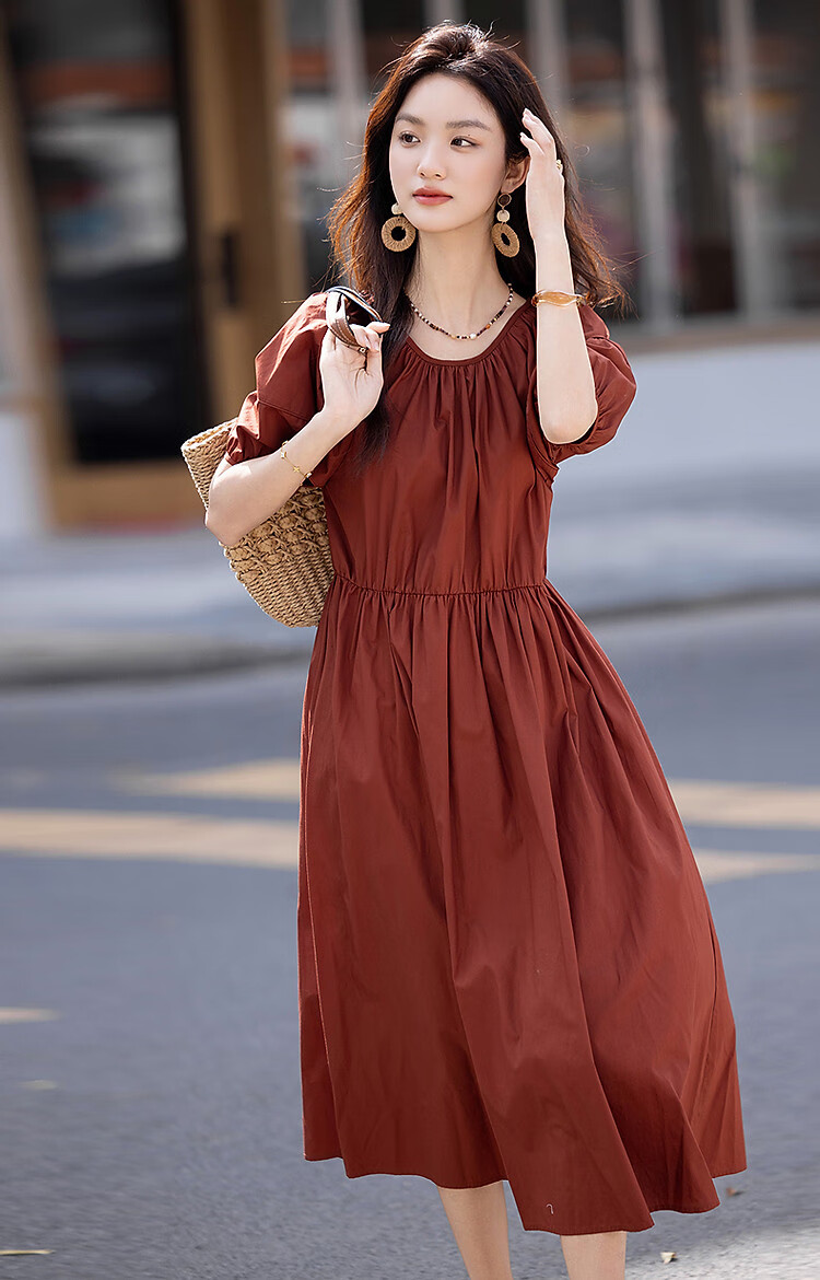 Demana [Klein Blue] Summer French Style Pure Cotton Gathered Loose Waist Puff Sleeve A-line Mid-length Women's Dress 14