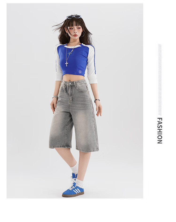 Free Style High-Waist Vintage Blue Cropped Denim Shorts for Women Summer 2026 New Loose Slimming Wide-Leg Casual Pants 12