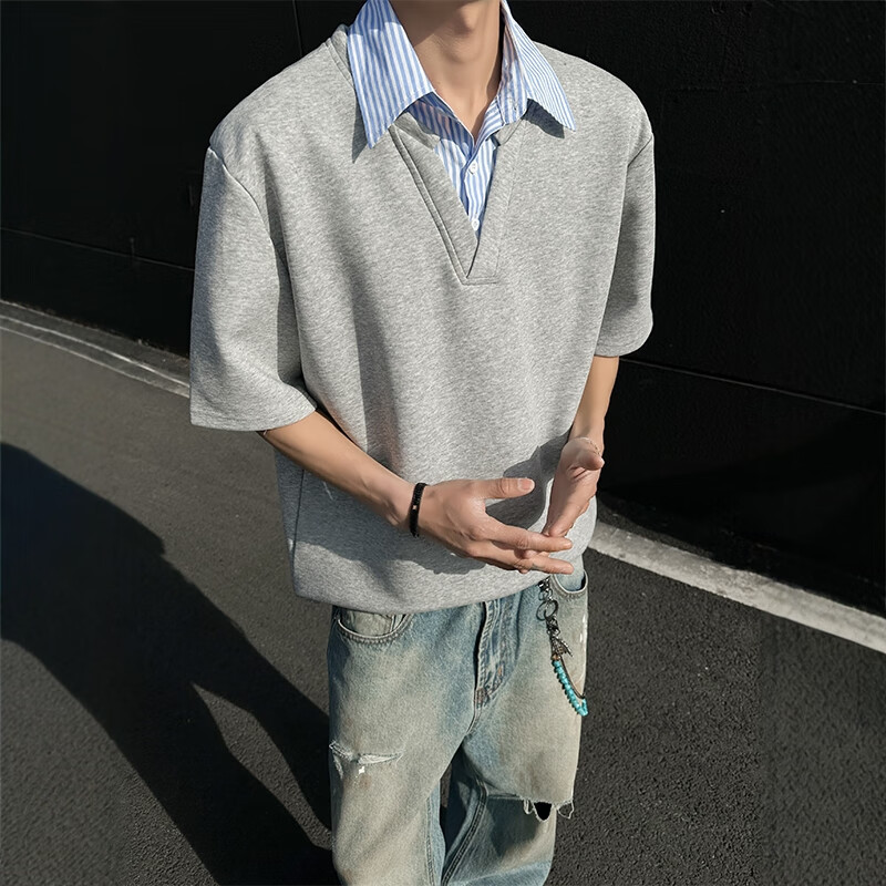 Homlean Japanese Retro Short-Sleeve Polo Shirt for Men, Summer Loose-Fit Versatile Fashionable Collared Short-Sleeve XM88 Gray 3XL