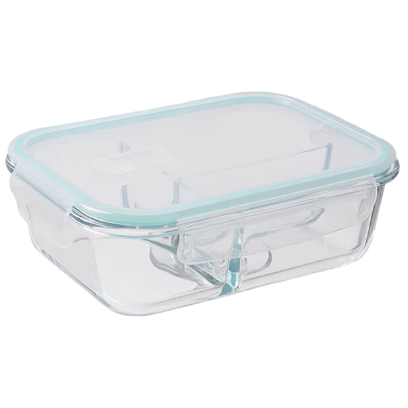 BJ High Borosilicate Glass Lunch Box for Office Workers, Microwave And Refrigerator Safe Food Storage Container, Rectangular Three-Compartment 1000ml