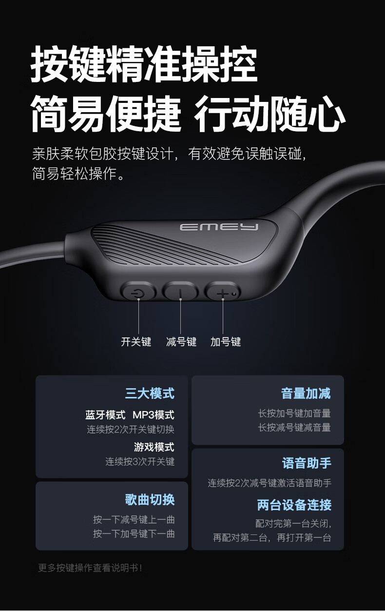 EMEY G22 Bone Conduction Bluetooth Headphones Open-Ear Design IPX8 Waterproof Not In-Ear for Running, Sports, Swimming 64GB Storage Compatible with Apple, Huawei, Xiaomi Black 14