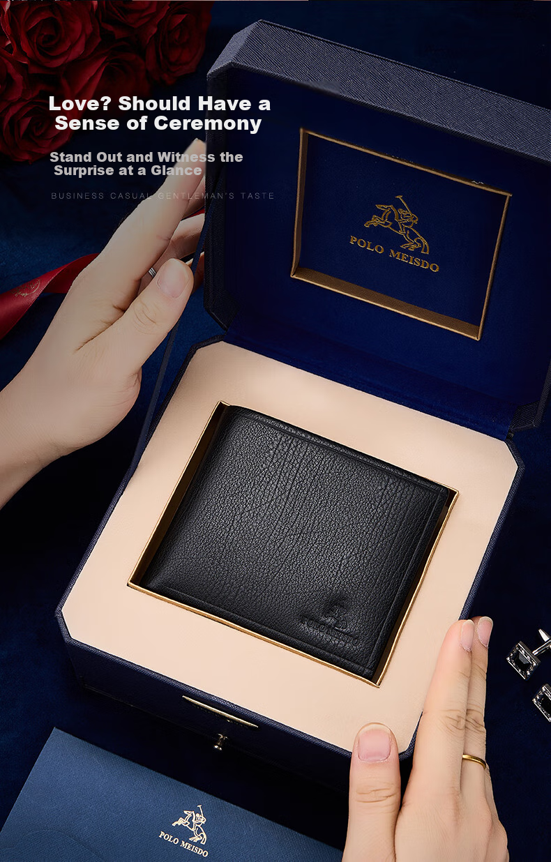 POLOMEISDO Men's Wallet, Genuine Leather Short Style Money Clip Gift Box, Sold by JD, Birthday Gift for Boyfriend, Husband, Father, Practical Present 3