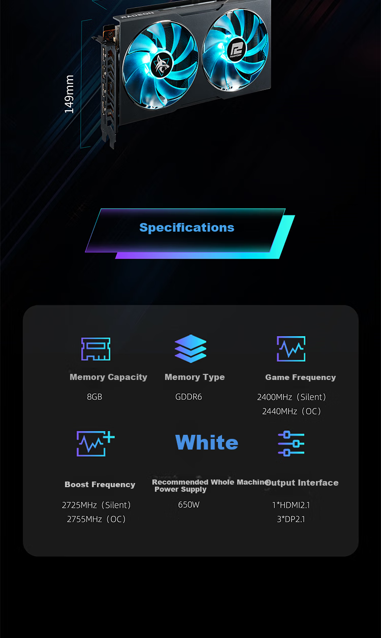 Hanxun AMD RADEON RX 7650GRE Wanderer, Black, 8GB Dual Fan, New Gaming Discrete Graphics Card 9