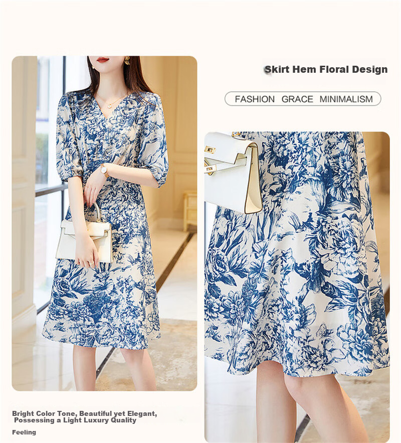Dme [Mingyuan Faux Silk A-Line Dress] 2025 Summer V-Neck Printed Midi Dress for Wome 5