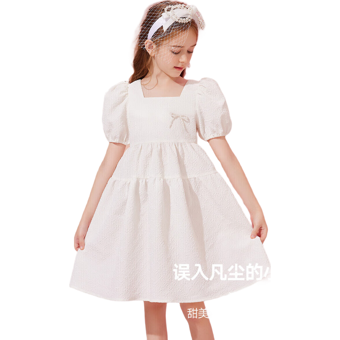 ASK JUNIOR Girls' Summer Dress with Puff Sleeves, Princess Style, Beach Vacation-Inspired White Dress