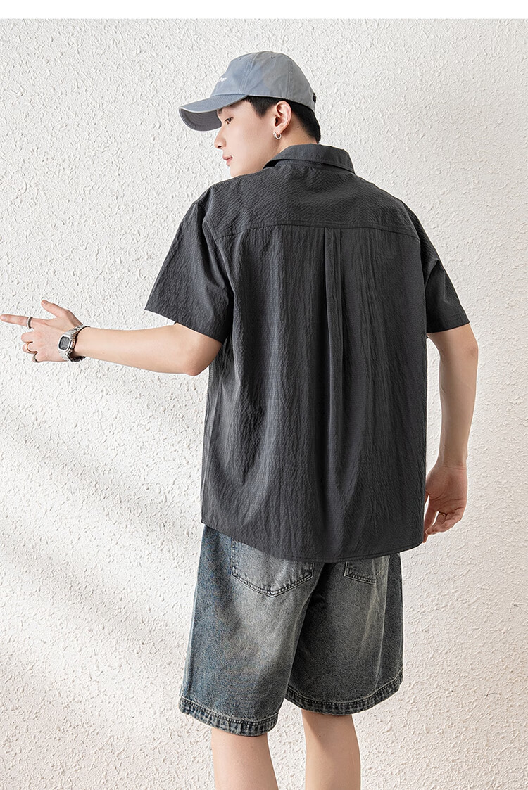 TonLion 2025 Summer Men's Lapel Front Chest Single Pocket Split Short-Sleeve Shirt 6