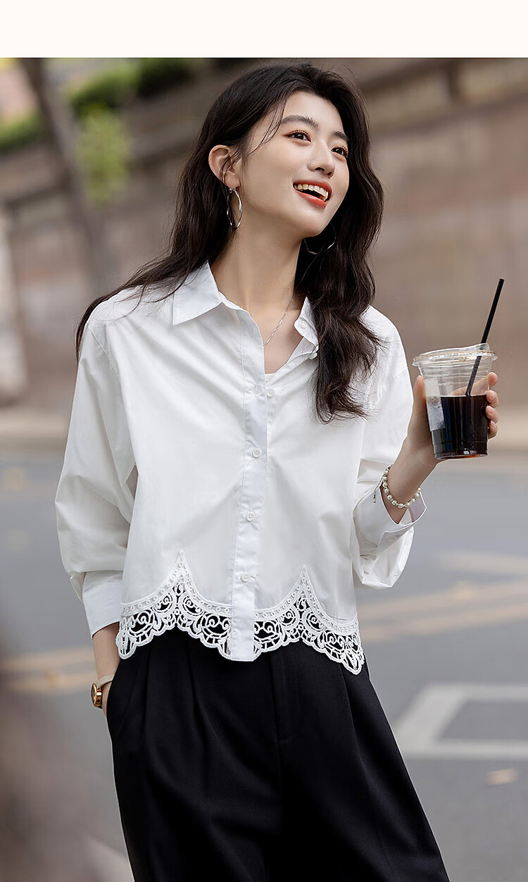 Dme [Moonlight Night Song] Spring And Autumn Gentle Pure Cotton Shirt with Lapel, Lace Trim, Patchwork Short Blouse Women's Top 11