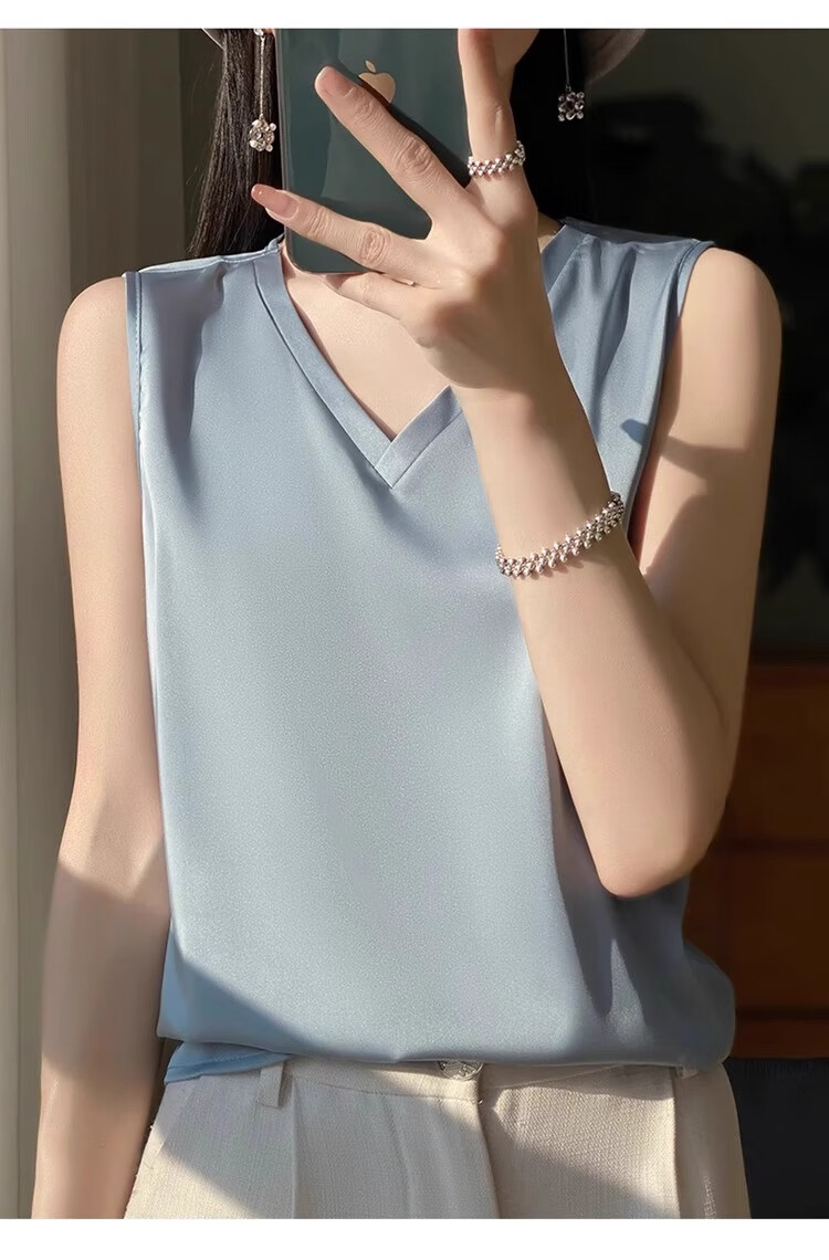 GUJIN Double V-Neck Premium Ice Silk Camisole Women's Innerwear Suit Base Layer Faux Silk Satin Tank Top Spring 9