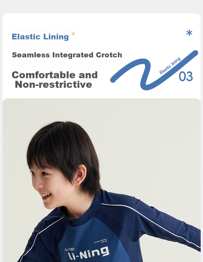 Li-Ning Children's Swimwear, Boys' Long Sleeve Sun Protection Two-Piece Surfing Suit, Patterned Swim Trunks, Hot Spring Swimming Gear, 8101 Blue, Size 140 4