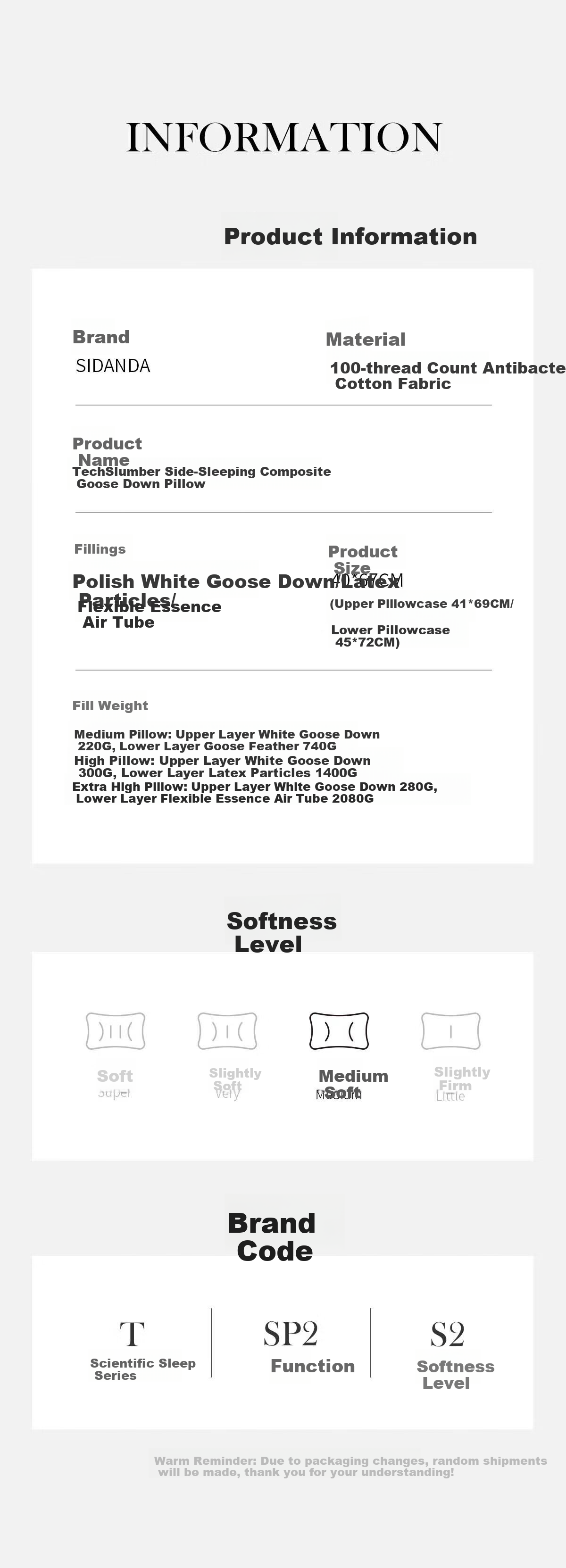 SIDANDA Pillow Core, 95% Goose Down Pillow, Side Sleeping Pillow, Feather Pillow, Half-Side Lying Pillow, Double-Layer Support Structure, Medium Pillow 12