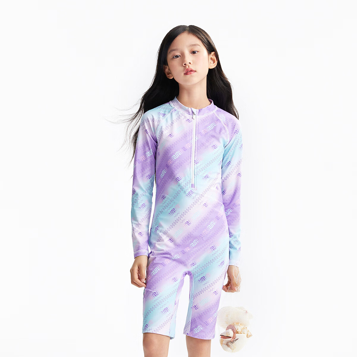 Annil Girls' One-Piece Long-Sleeve Set, 2025 Summer New Slim-Fit Style, Purple Floral Pattern, Size 120