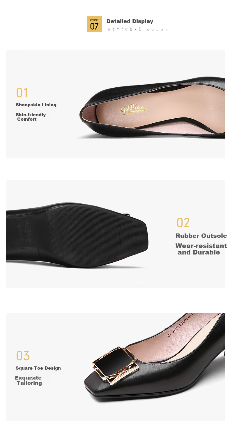 Goldlion Women's Square Toe Chunky High Heel Simple Metal Buckle Low-Cut Work Pumps 68291009601P - Black - Size 36 6