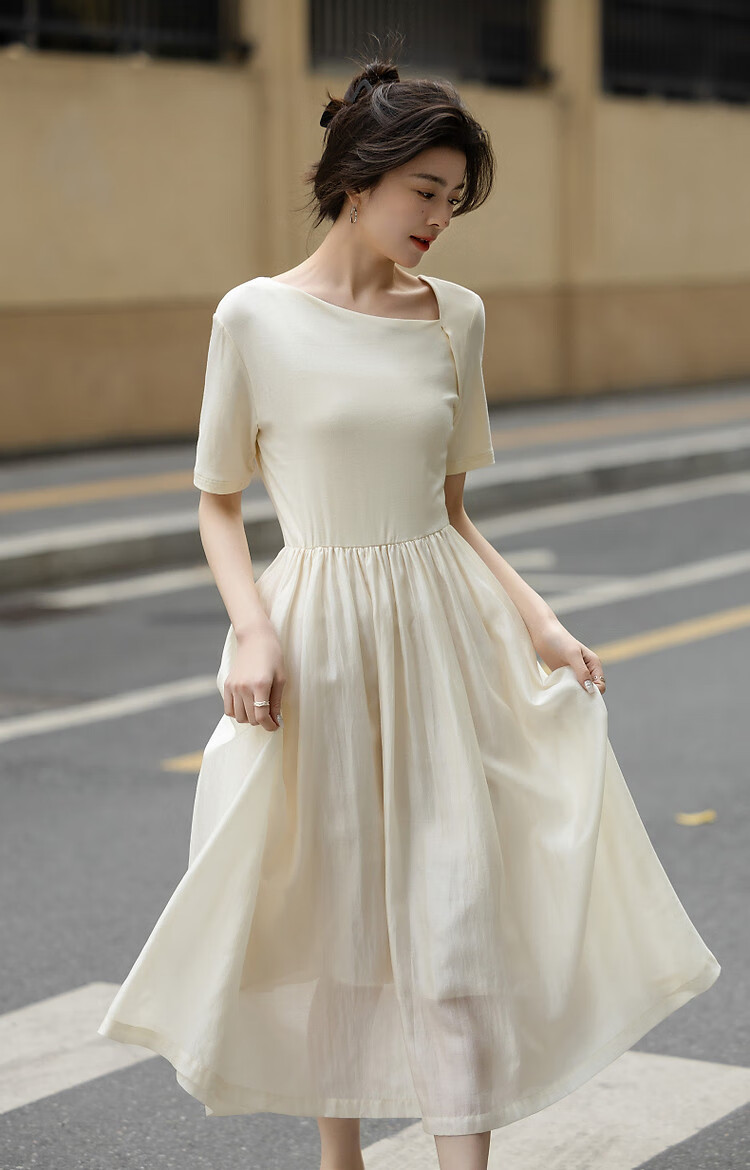 Dme [Fresh And Smart] Spring Urban Minimalist Style Irregular Design Patchwork Waist-Cinching Short-Sleeve Women's Dress 5