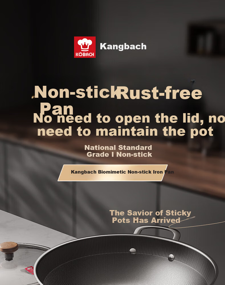 KOBACH Non-Stick Wok, Bionic Iron Pan without Coating, Household Flat-Bottom Frying Pan, Universal 0-Coated No-Scorching 32cm 1