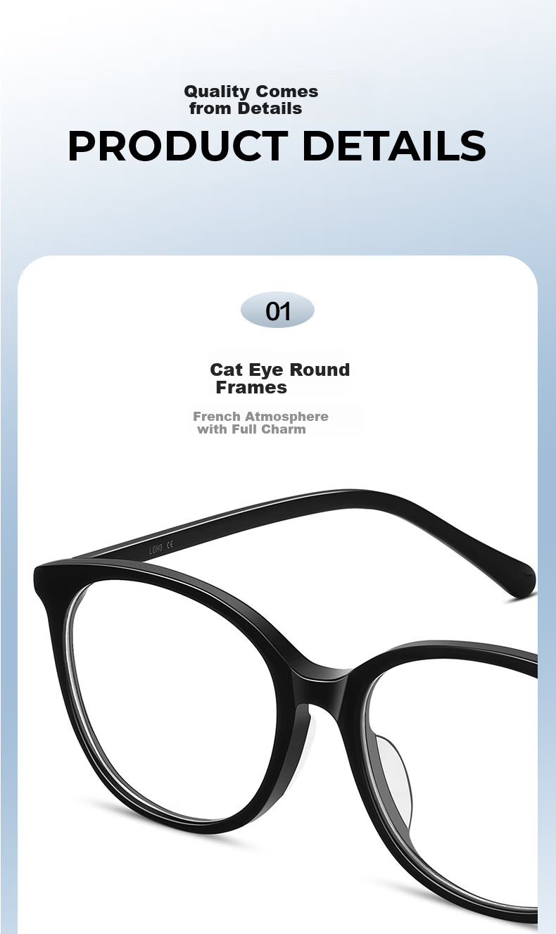 LOHO Cat Eye Glasses for Women with Myopia, Anti-Blue Light, Luxurious Feel, Ultra-Light, Bare-Faced Look, Prescription Available 12