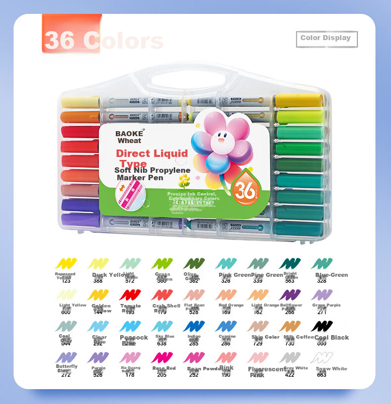 BAOKE MP2956-36 Direct Liquid Soft Tip Acrylic Markers for Students' Drawing, Washable, Safe, Odorless Painting Pens, 36 Colors/set 14