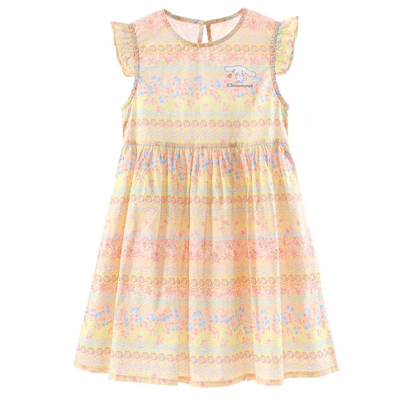 Hello Kitty Girls' Summer Dress, Stylish Children's Cotton Dress, Loose Floral Print for Older Girls, GG010 Yellow Orange, Size 170