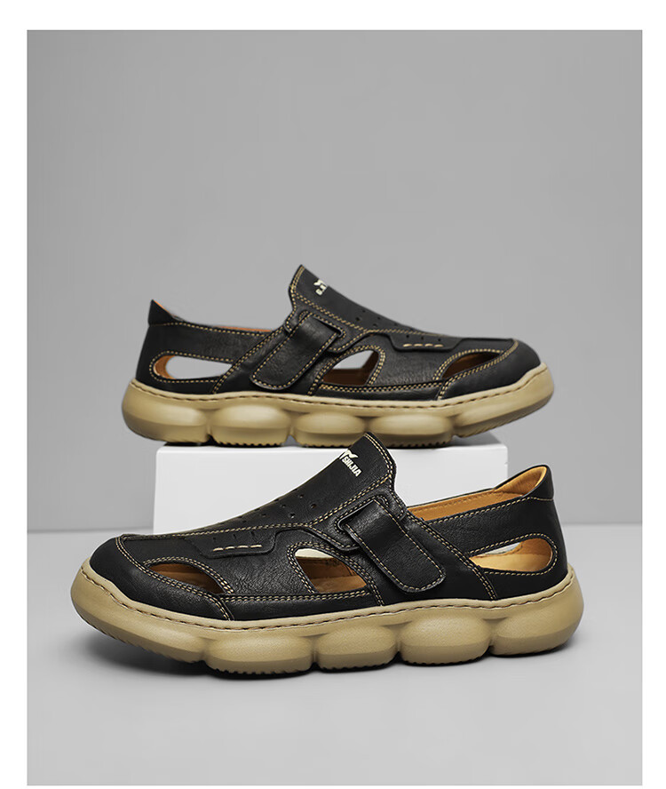 Bull Family Men's Sandals 2026 New Summer Breathable Hollow Out Beach Shoes Soft Leather Soft Sole Slippers for Men 11