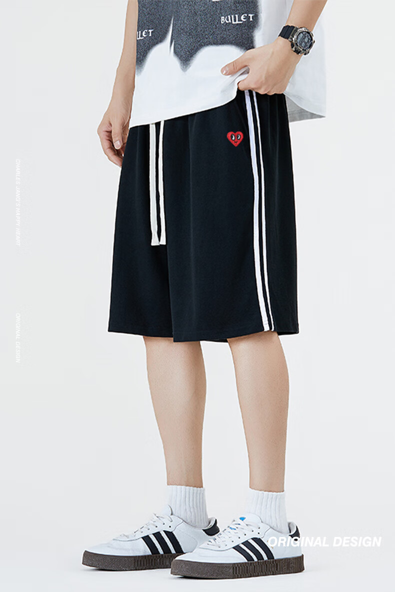 Charles Peach Heart Men's Casual Shorts Summer Classic Striped Loose Drawstring Five-Point Sports Beach Pants Black L 1