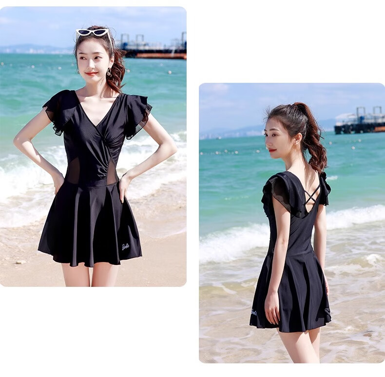 Barbie One-Piece Swimsuit for Women, Black Classic Skirt-Style Fairy-Like Design, Plus Size Swimwear for Curvy Girls, Beach Vacation And Hot Spring Bathing Suit 11