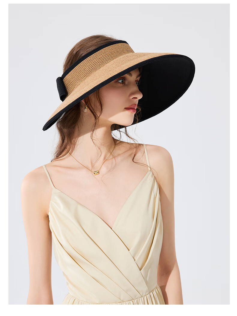 FANCET Women's Spring And Summer Japanese-Style Color-Block Hat, Black Glue Wide Brim Sun Protection Straw Hat for Travel And Vacation, Breathable Sunhat 14