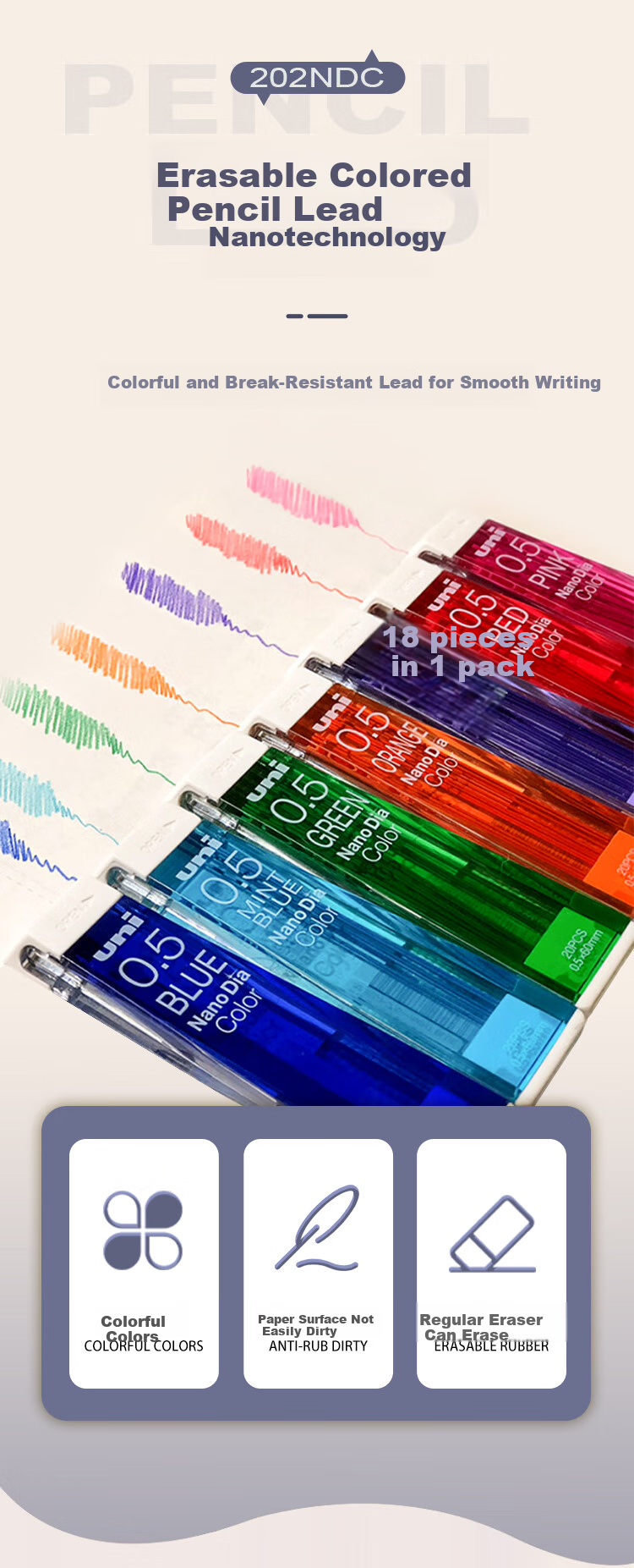 Uni Mitsubishi 202NDC Colored Erasable Lead Core 0.5mm Student Drawing Marker Pen Notebook Writing Automatic Pencil Lead, Mint Blue, 20 Pieces/tube 1