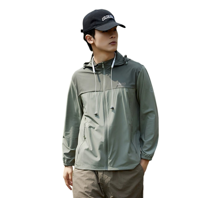 JEEP SPIRIT Sun Protection Jacket for Men, Summer Couple Ice Silk Fishing Wear, Lightweight Breathable Coat for Men, Khaki, 2XL