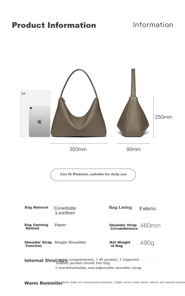 HR Women's Handbag, Top-Grain Leather Underarm Bag, Tote Bag, Large Capacity, Simple Shoulder Bag, Women's Birthday Gift 5