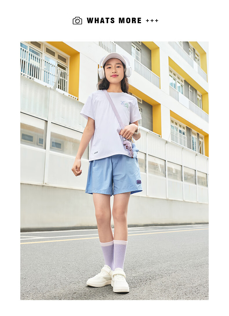 ERKE Girls' Round Neck Knit Short-Sleeve T-Shirt for Older Children, Summer Campus Youth Style, Cream Sweet Peach Color, Size 130 22