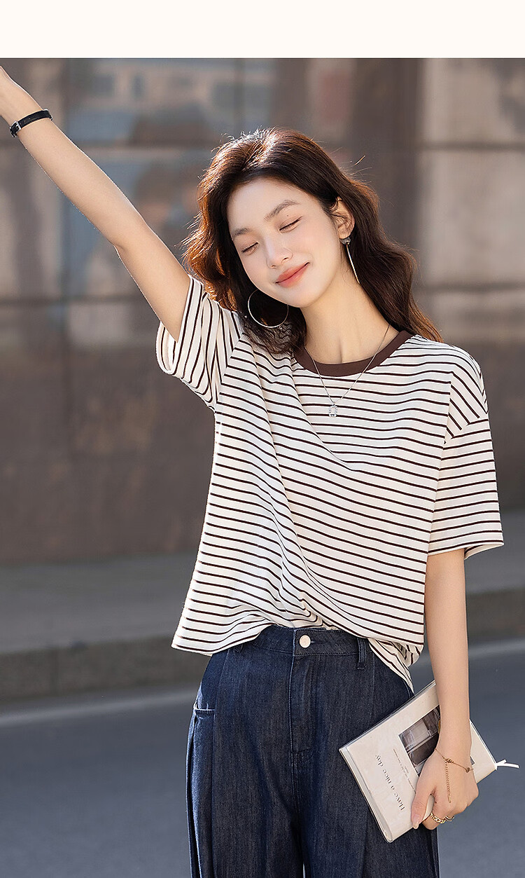 Demana [Leisure Style] Summer Simple Retro Striped Five-Sleeve Loose Fit Slimming Women's T-Shirt 12