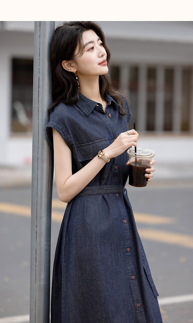 Demana [Goddess of Elegance] Summer Urban Turn-down Collar Patch Pocket Flap Sleeve Belted Mid-length Women's Denim Dress 12