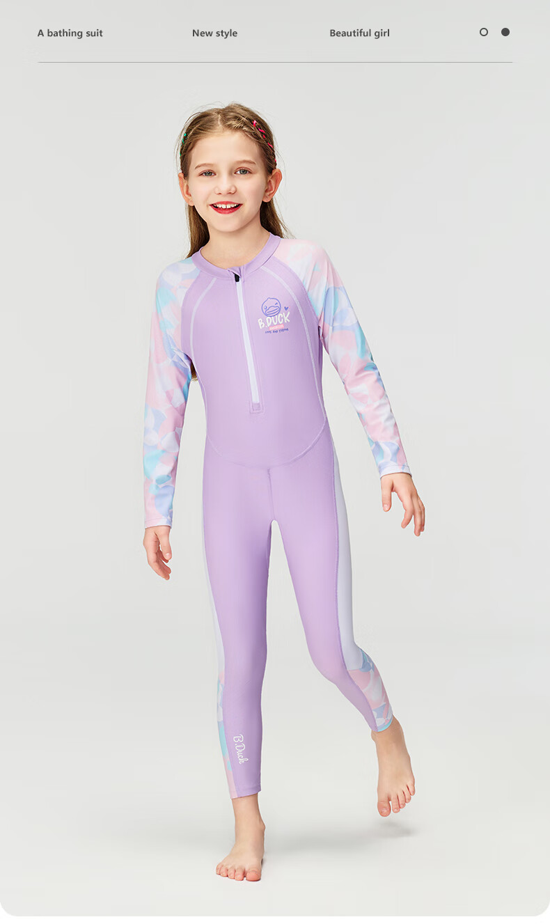 B.Duck Children's One-Piece Swimsuit for Girls, Long-Sleeve Sun Protection Swimwear for Older Kids, Mermaid Purple, Size 120 1