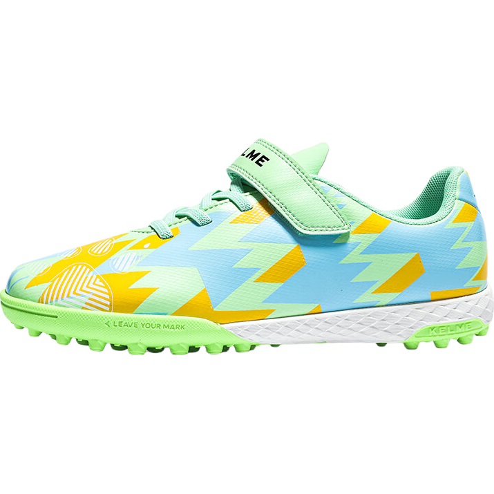 KELME Children's Soccer Shoes for Boys, Xingyao 1.0 Non-Slip Wear-Resistant TF Turf Cleats Professional Competition Shoes, Green And Blue, Size 28